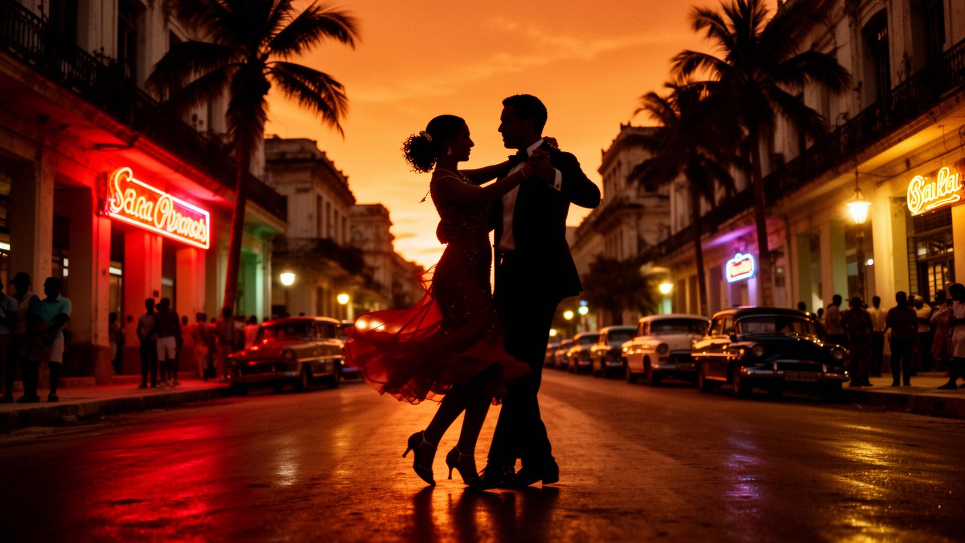Salsa couple dancing on a Havana street at sunset