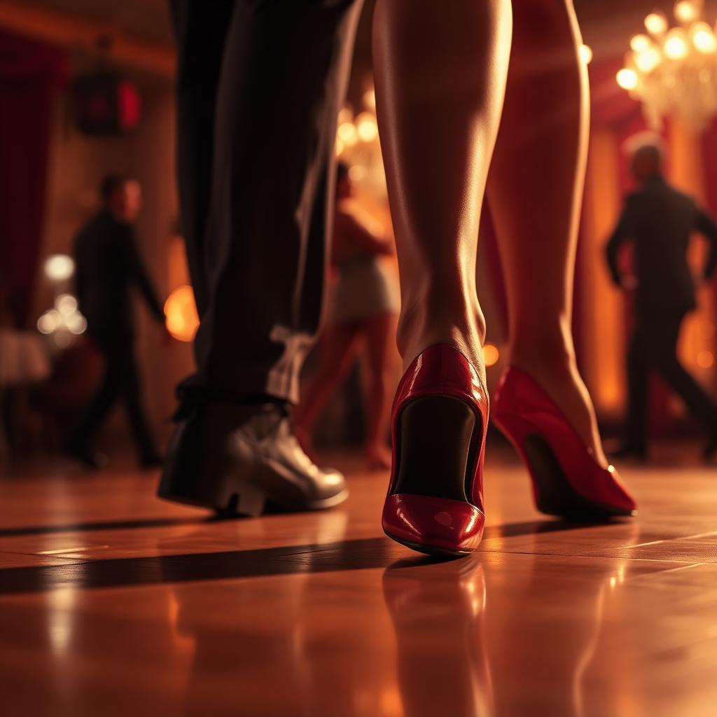 Red salsa heels on a dance floor
